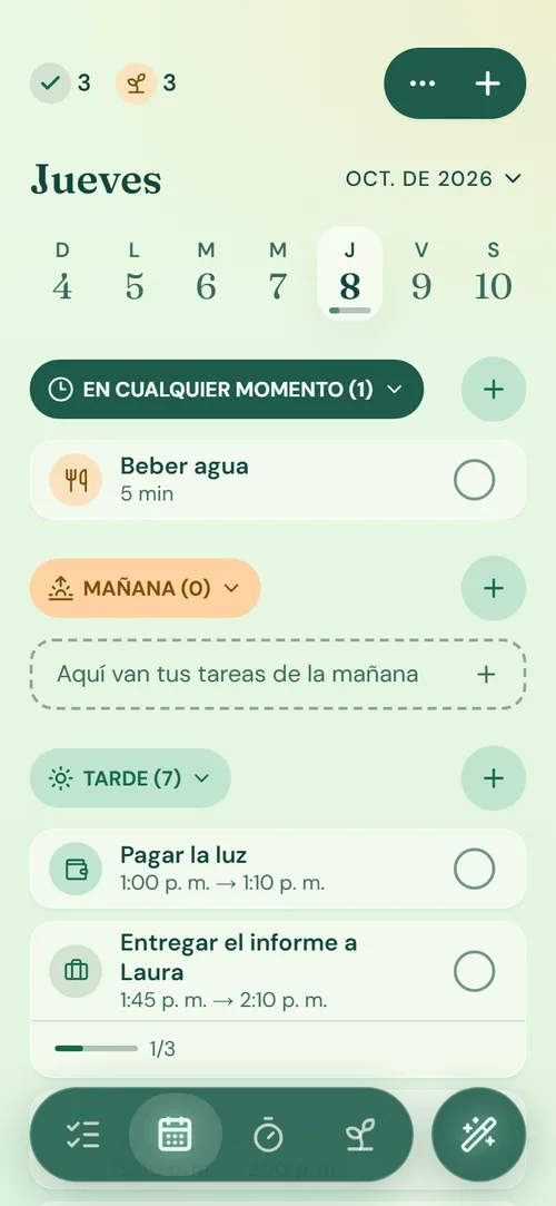 La app: el calendario con tus tareas por franja del día