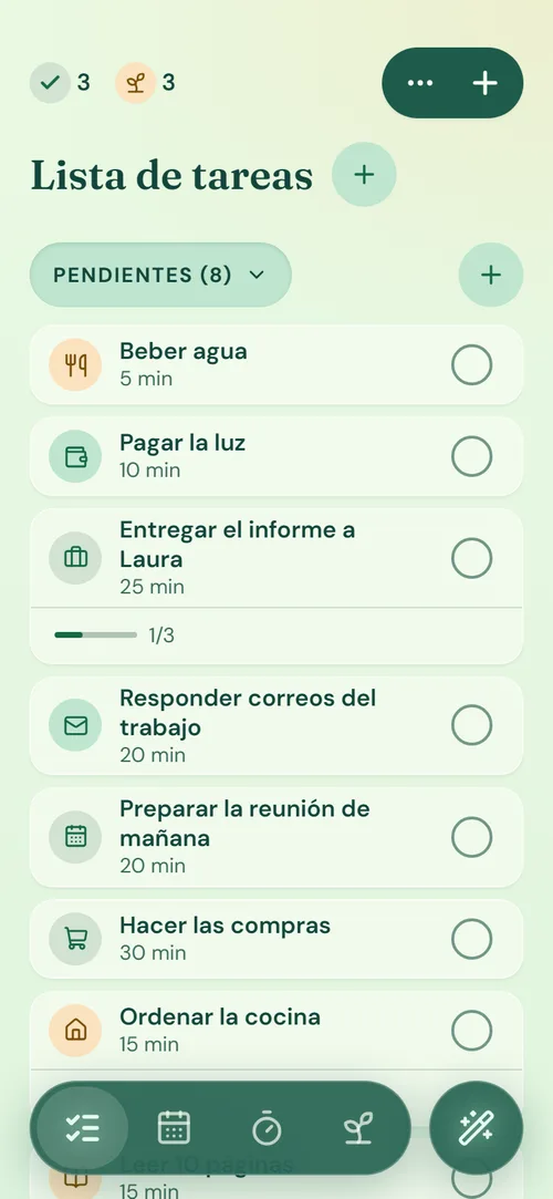 La app: tu lista de tareas con la barra de secciones abajo